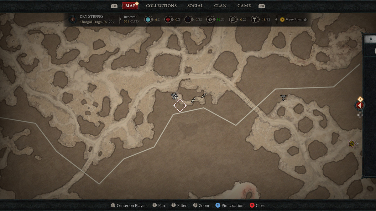 A map of the Dry Steppes in Sanctuary showing the 18th Altar of Lilith in Diablo 4