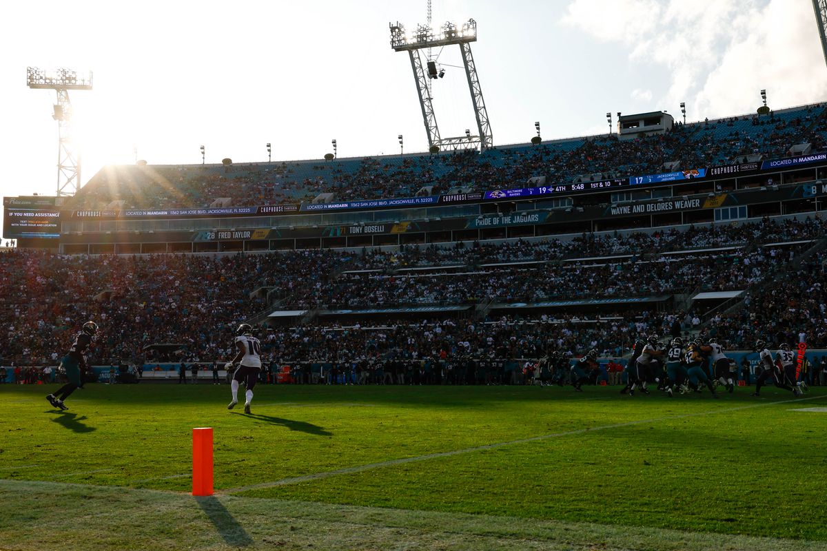 General view of the field as the Baltimore Ravens run a play against the Jacksonville Jaguars during the fourth quarter at TIAA Bank Field.