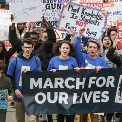 Students lead the "March for Our Lives" rally in Salt Lake City on Saturday, March 24, 2018. Thousands of protesters marched from West High School to the state Capitol to advocate for stricter gun control laws.