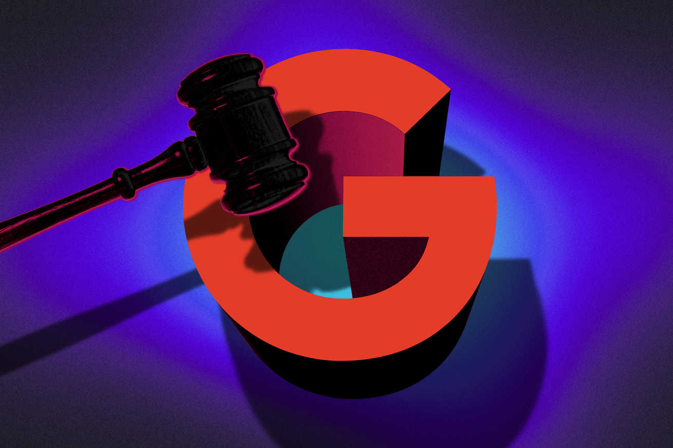 Photo illustration of a gavel casting a shadow over the Google logo