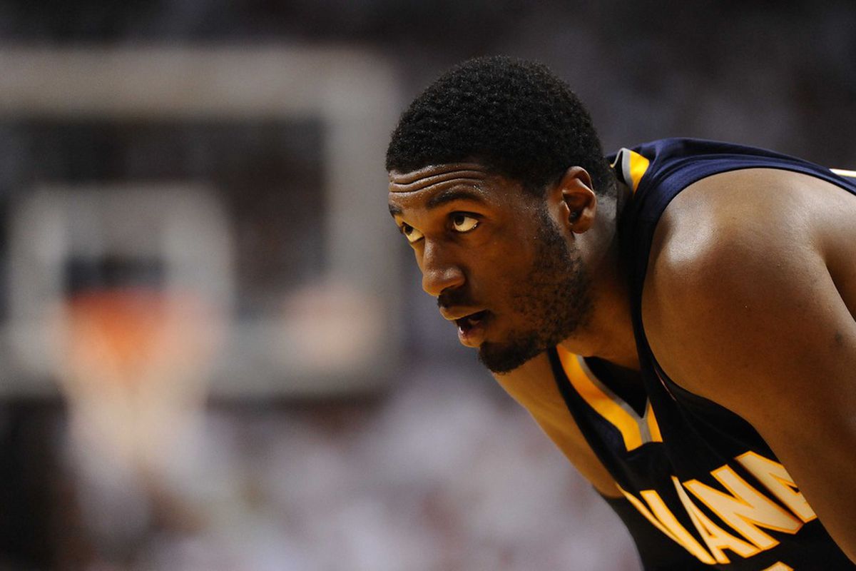 May 22, 2012; Miami, FL, USA; Indiana Pacers center Roy Hibbert (55) during game 5 of the 2012 NBA eastern conference semi-finals against the Miami Heat at the American Airlines Arena. Mandatory Credit: Steve Mitchell-US PRESSWIRE