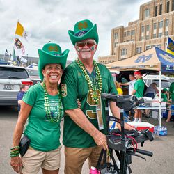 SOUTH BEND, IN - SEPTEMBER 01: Notre Dame Fighting Irish fans partake in tailgate party mode prior to game action during the NCAA football game between the Michigan Wolverines and the Notre Dame Fighting Irish on September 1, 2018 at Notre Dame Stadium, in South Bend, Indiana. The Notre Dame Fighting Irish defeated the Michigan Wolverines by the score of 24-17.