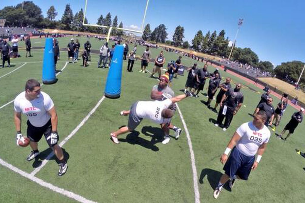 Kahlil McKenzie sheds a would-be blocker at the Oakland NFTC