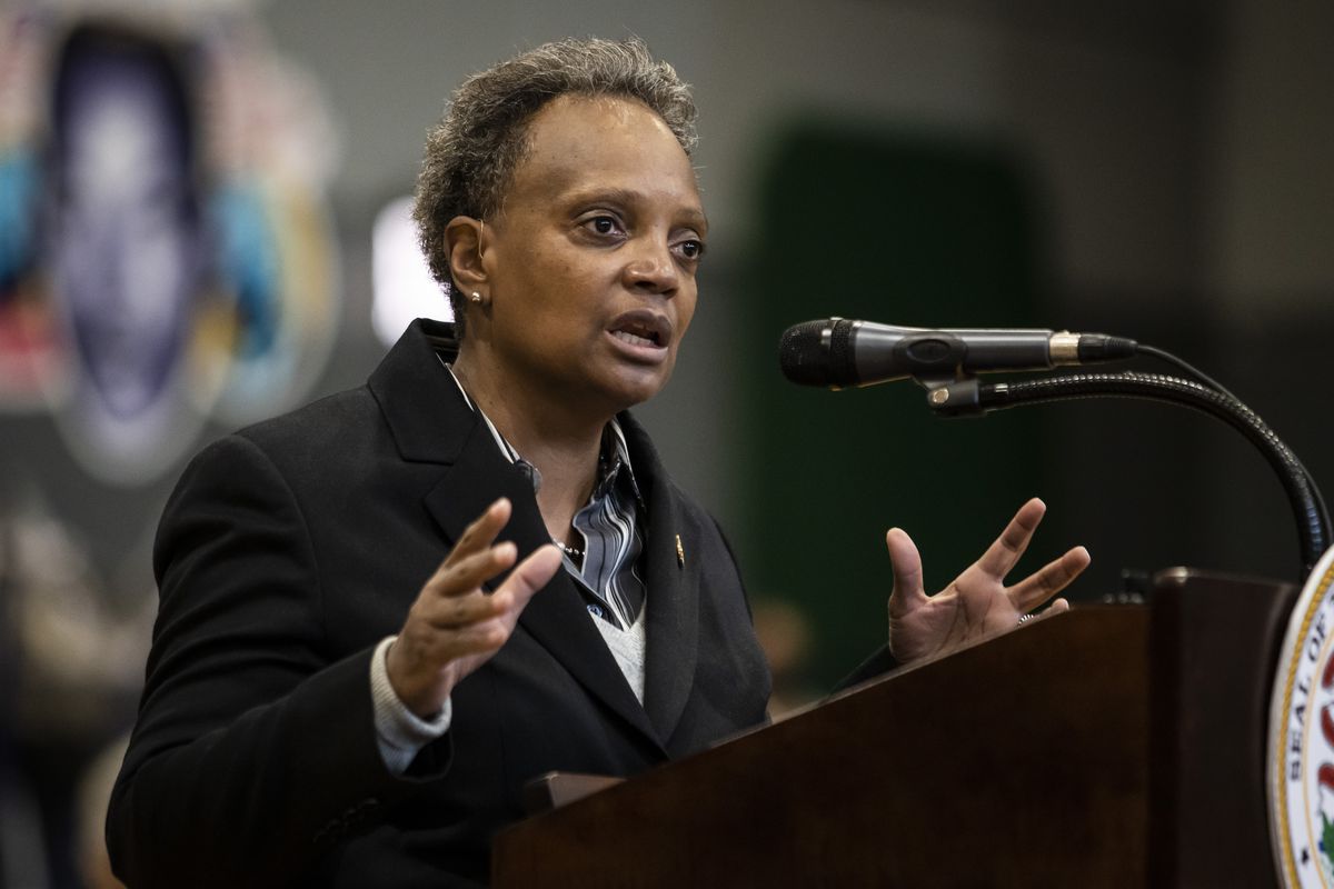 Mayor Lori Lightfoot speaks Monday during a news conference at Breakthrough FamilyPlex on the West Side before Gov. J.B. Pritzker signs an executive order declaring gun violence a public health crisis in the state.