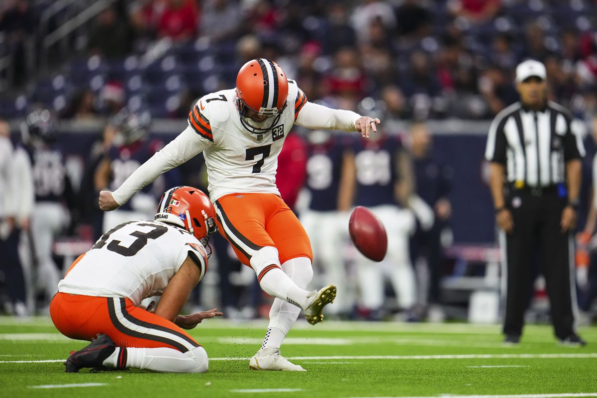 Dustin Hopkins #7 of the Cleveland Browns kicks for a field goal during an NFL football game against the Houston Texans at NRG Stadium on December 24, 2023 in Houston, Texas.