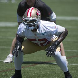 LB coach Jim Leavitt looking on as Patrick Willis waits for the snap