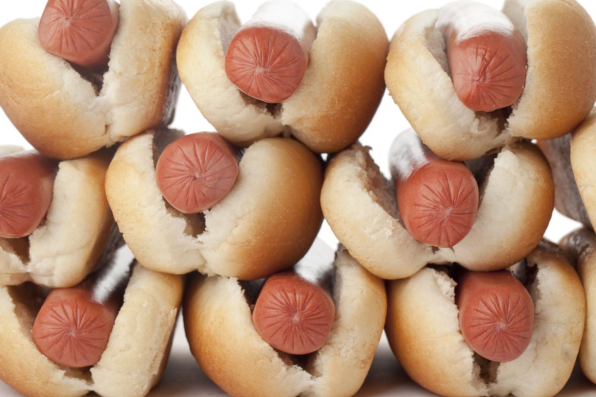 A stock photograph of hot dogs