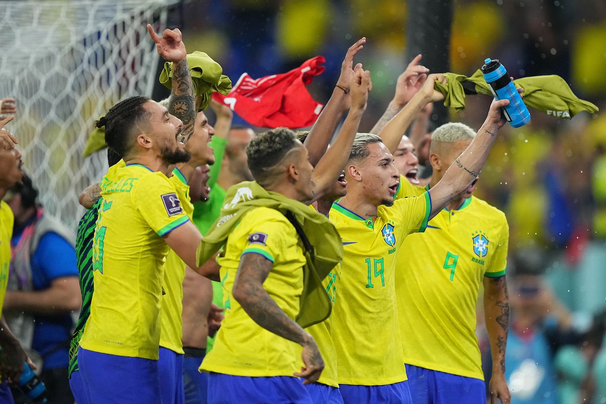 Brazil and forward Antony (19) celebrate the victory against Switzerland following the group stage match during the 2022 World Cup at Stadium 974.