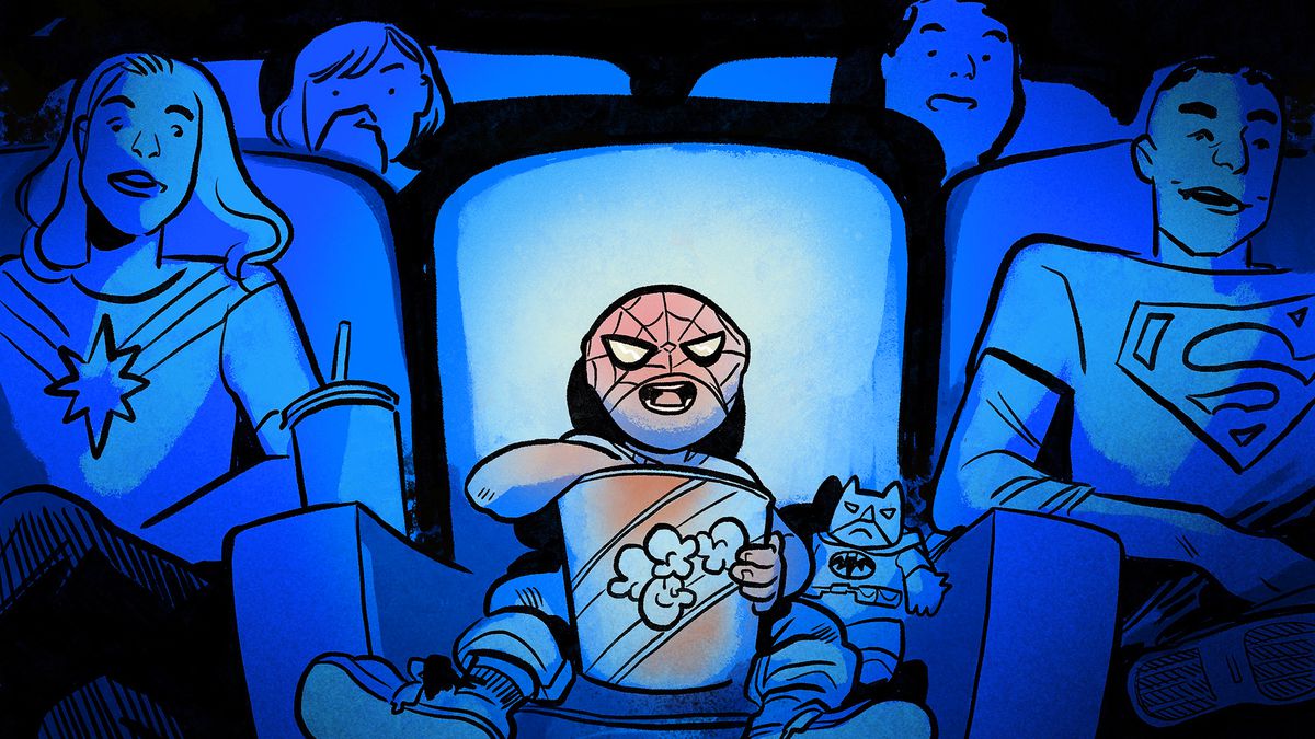 Illustration of a young spider man fan in the cinema eating popcorn and watching a movie surrounded by other superhero fans