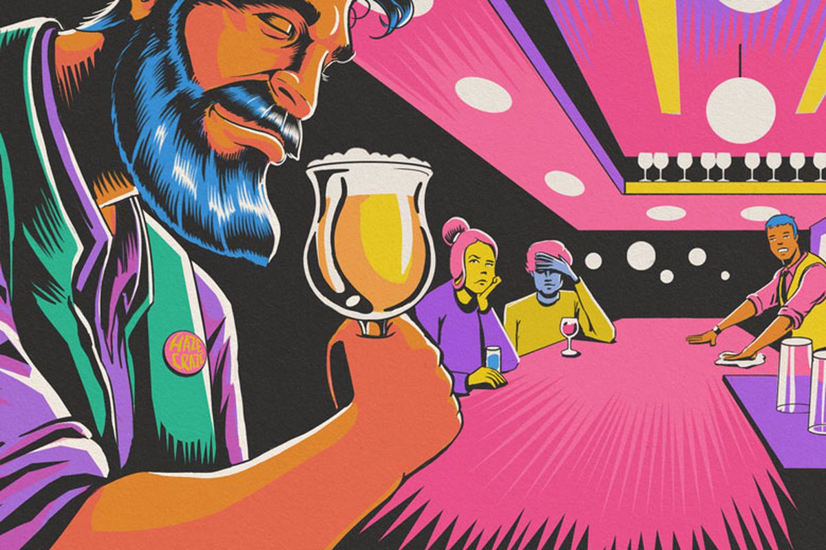 An illustration of a bearded man sitting at a bar clutching a goblet of beer 