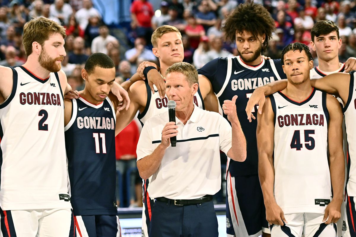 Gonzaga Bulldogs head coach Mark Few speaks to the crowd during Craziness in the Kennel at McCarthey Athletic Center.