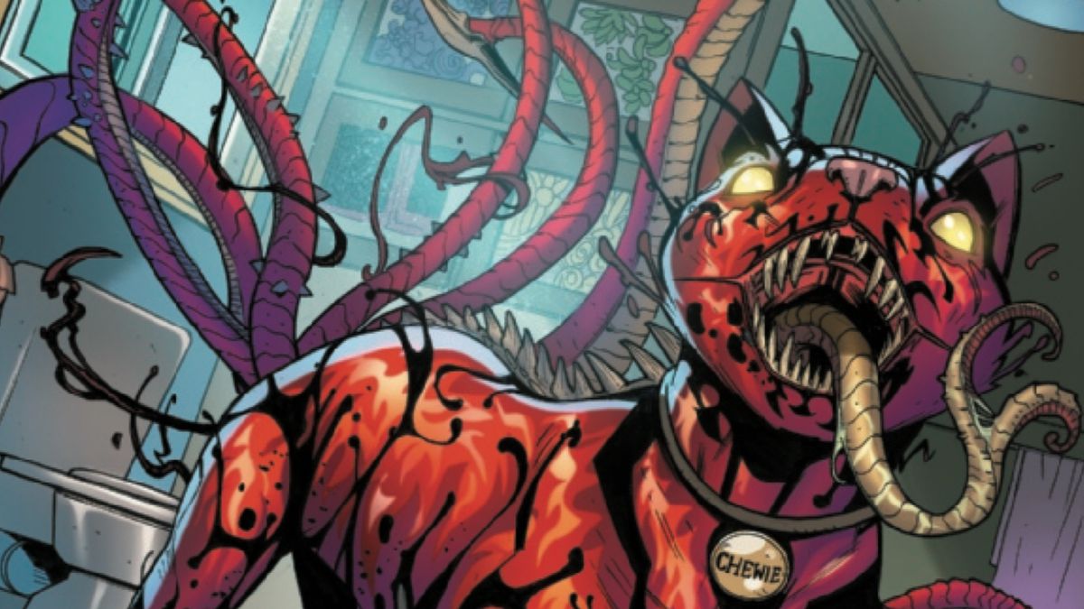 Captain Marvel’s flerken/cat Chewie, merged with the Carnage symbiote, in Absolute Carnage: Captain Marvel #1, Marvel Comics (2019). 