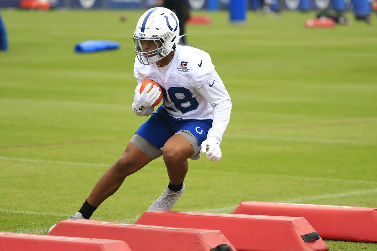 Jonathan Taylor #28 of the Indianapolis Colts runs a drill during the Indianapolis Colts Training Camp at Grand Park on July 29, 2021 in Westfield, Indiana.