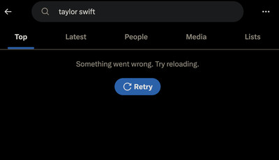 A screenshot of an attempted search for Taylor Swift on X.