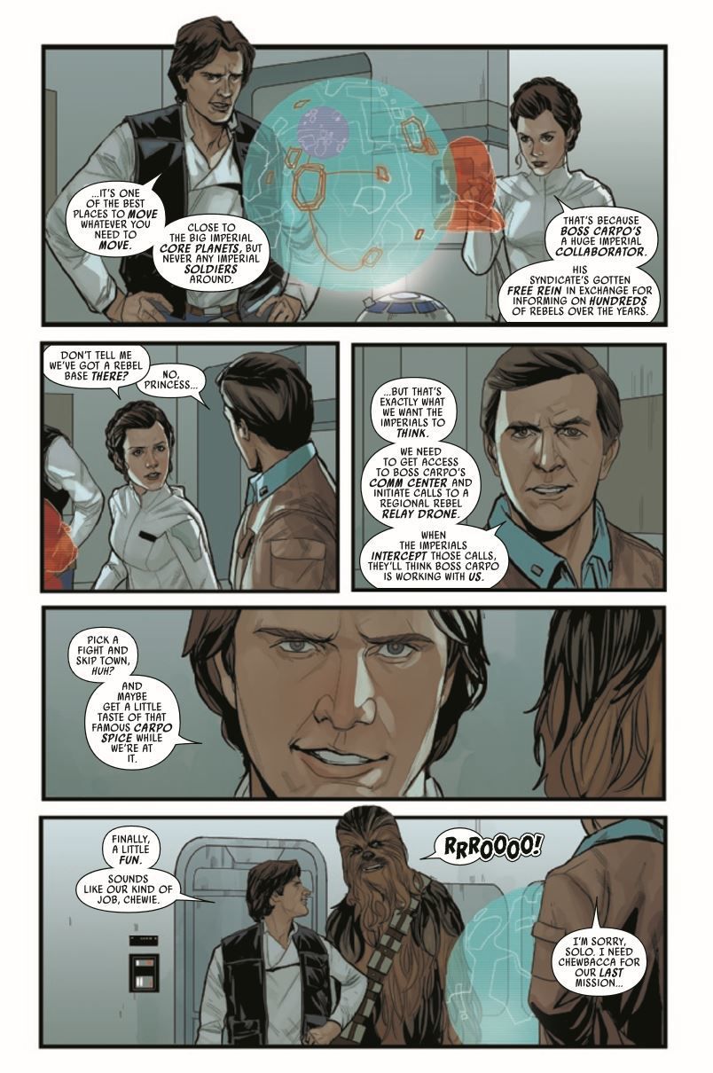 A page from Marvel’s Star Wars #68, by Pak and Noto, showing off Noto’s grasp of the facial features needed to convey the essence of Han Solo and Princess Leia Organa. Marvel Comics (2019).