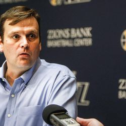 The General Manager of the Utah Jazz, Dennis Lindsey waits before talking with media during a press conference at the Zion's Bank Basketball Center in Salt Lake City on Friday, July 8, 2016.
