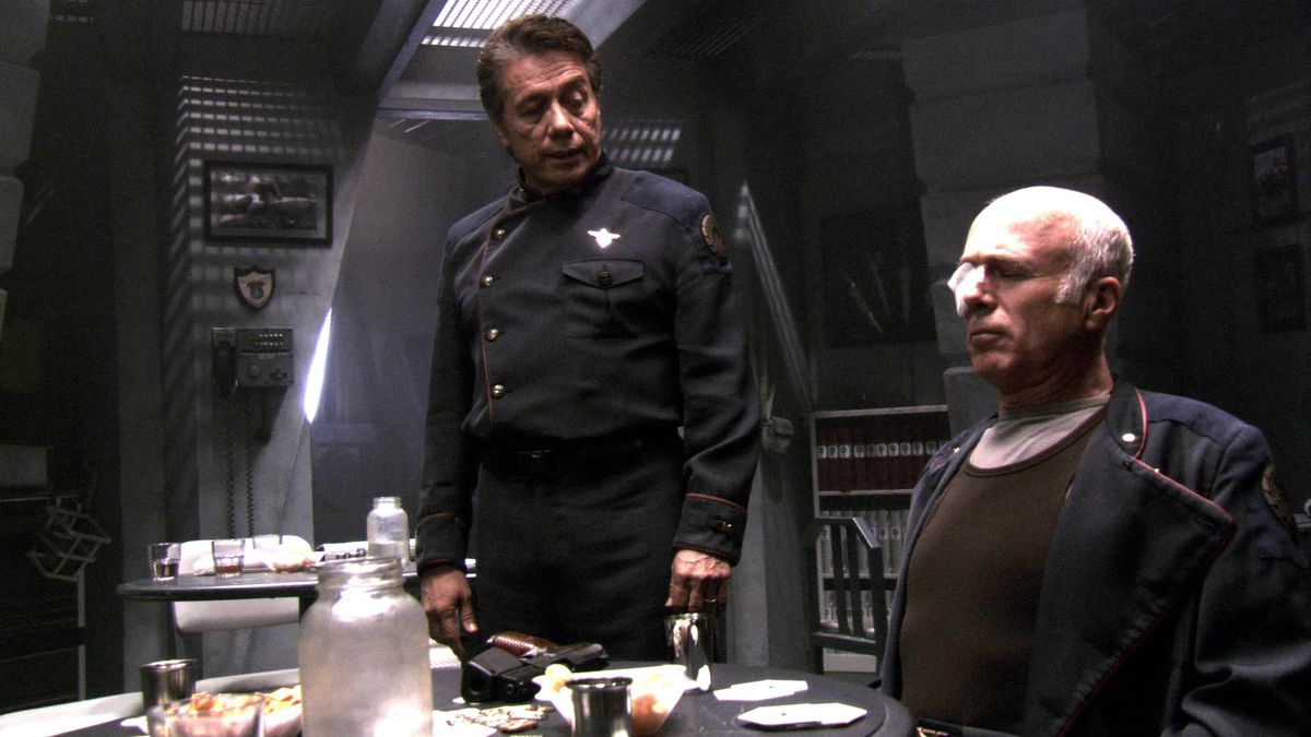 (L-R) Edward James Olmos and Michael Hogan as William “Bill” Adama and Colonel Saul Tigh in Battlestar Galactica.