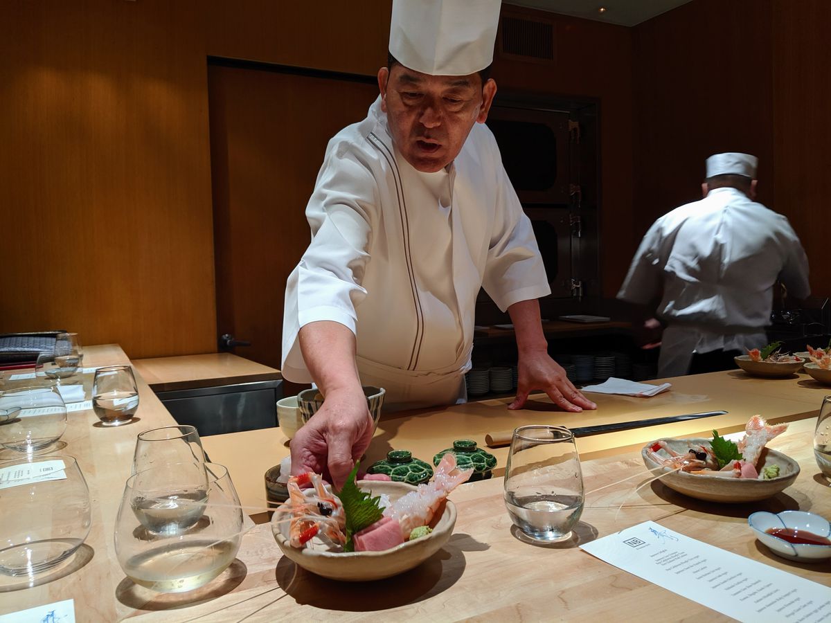 Osamu Fujita serving sashimi at Nozawa Bar in Beverly Hills.