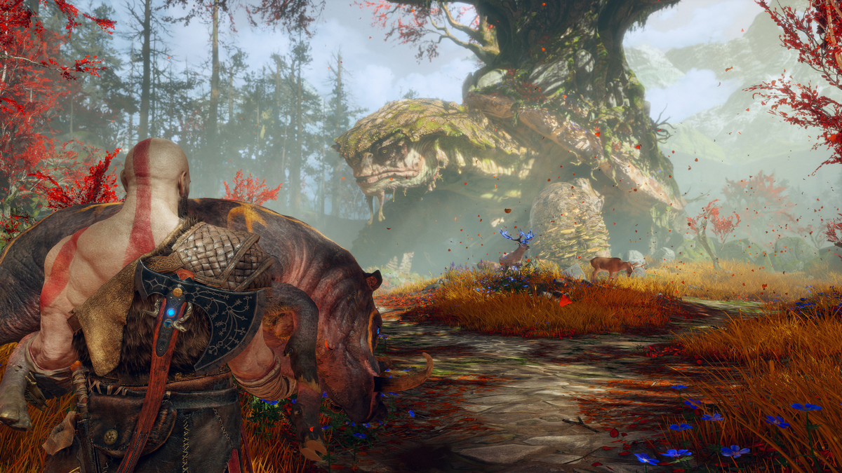 Kratos carries a magical boar to a turtle in God of War PC