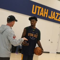 University of Utah's Donnie Tillman speaks with Utes coach Tommy Connor during a workout for the Jazz at Zions Bank Basketball Center in Salt Lake City on Friday, May 24, 2019.