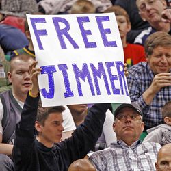 A Jimmer Fredette fan gives an opinion as the Utah Jazz and the Sacramento Kings play NBA basketball  Monday, Feb. 4, 2013, in Salt Lake City.
