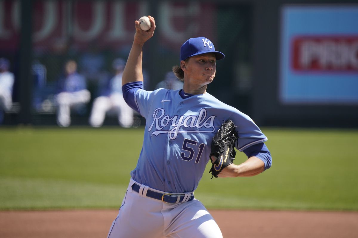 Starting pitcher Brady Singer #51 of the Kansas City Royals throws in the fist inning against the Texas Rangers at Kauffman Stadium on April 4, 2020 in Kansas City, Missouri.