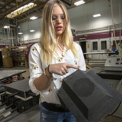 Shaye Jacobson describes a project she's working on in the Composite Materials Lab at Davis Technical College in Kaysville on Friday, June 14, 2019.