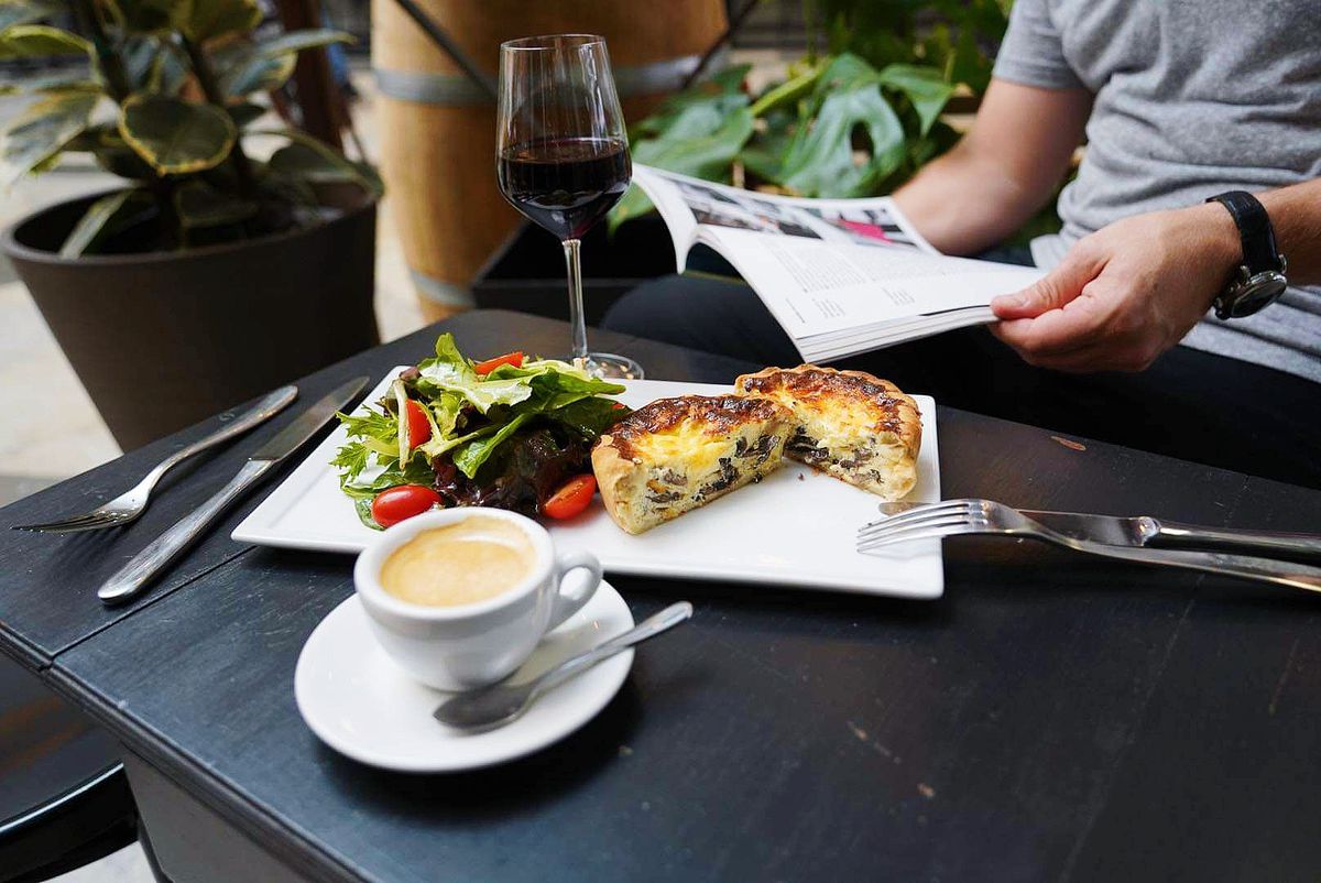 Quiche, coffee, and wine at Garçons de Cafe.