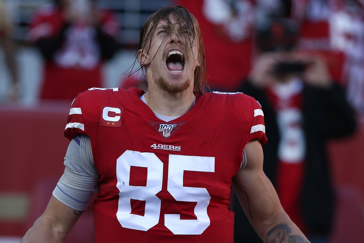 San Francisco 49ers tight end George Kittle gets fired up prior to the NFC Divisional Playoff game between the Minnesota Vikings and the San Francisco 49ers on January 11, 2020, at Levi’s Stadium in Santa Clara, CA.