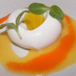 [Whipped coconut with gooseberry, carrot, and olive oil from Momofuku Ko. By <a href="http://www.flickr.com/photos/37619222@N04/10288481154/in/pool-eater/">The Food Doc</a>.]