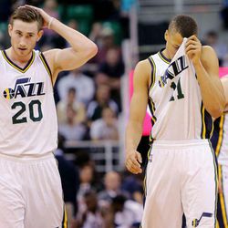 Utah Jazz forward Gordon Hayward (20) and Utah Jazz guard Dante Exum (11) walk back onto the court after a time-out as the Utah Jazz play the Indiana Pacers Monday, Jan. 5, 2015, at EnergySolutions Arena in Salt Lake City. Pacers won 105-101.