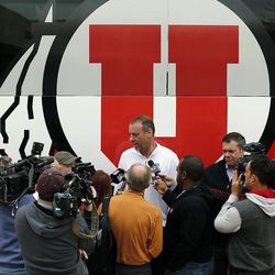 Utah men's basketball head coach Larry Krystkowiak answers questions for the media as the University of Utah basketball team practices at Ed W. Clark High School in Las Vegas on Wednesday, March 7, 2018.