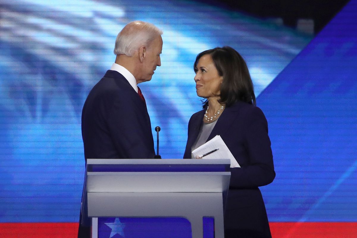 HOUSTON, TEXAS - SEPTEMBER 12: Democratic presidential candidates former Vice President Joe Biden and Sen. Kamala Harris (D-CA) speak after the Democratic Presidential Debate at Texas Southern University’s Health and PE Center on September 12, 2019 in Houston, Texas. Ten Democratic presidential hopefuls were chosen from the larger field of candidates to participate in the debate hosted by ABC News in partnership with Univision. (Photo by Win McNamee/Getty Images) ORG XMIT: 775390385