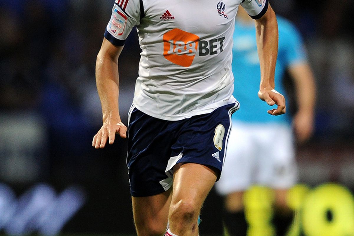 BOLTON, ENGLAND - AUGUST 21: Keith Andrews of Bolton Wanderers in action during the npower Championship match between Bolton Wanderers and Derby County at Reebok Stadium on August 21, 2012 in Bolton, England. (Photo by Chris Brunskill/Getty Images)