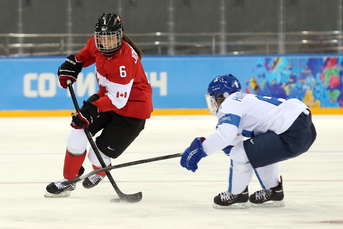 Rebecca Johnston, part of the gold-medal winning Canadian team in Sochi, had two assists in Sunday's win over Russia as Canada bounced back from a tough loss to Team USA in their opener.