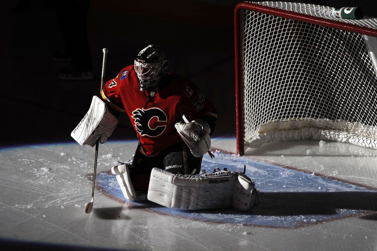 CALGARY, CANADA - OCTOBER 26: Miikka Kiprusoff #34 of the Calgary Flames warms up before his game against the Colorado Avalanche on October 26, 2011 at the Scotiabank Saddledome in Calgary, Alberta, Canada. (Photo by Dale MacMillan/Getty Images)