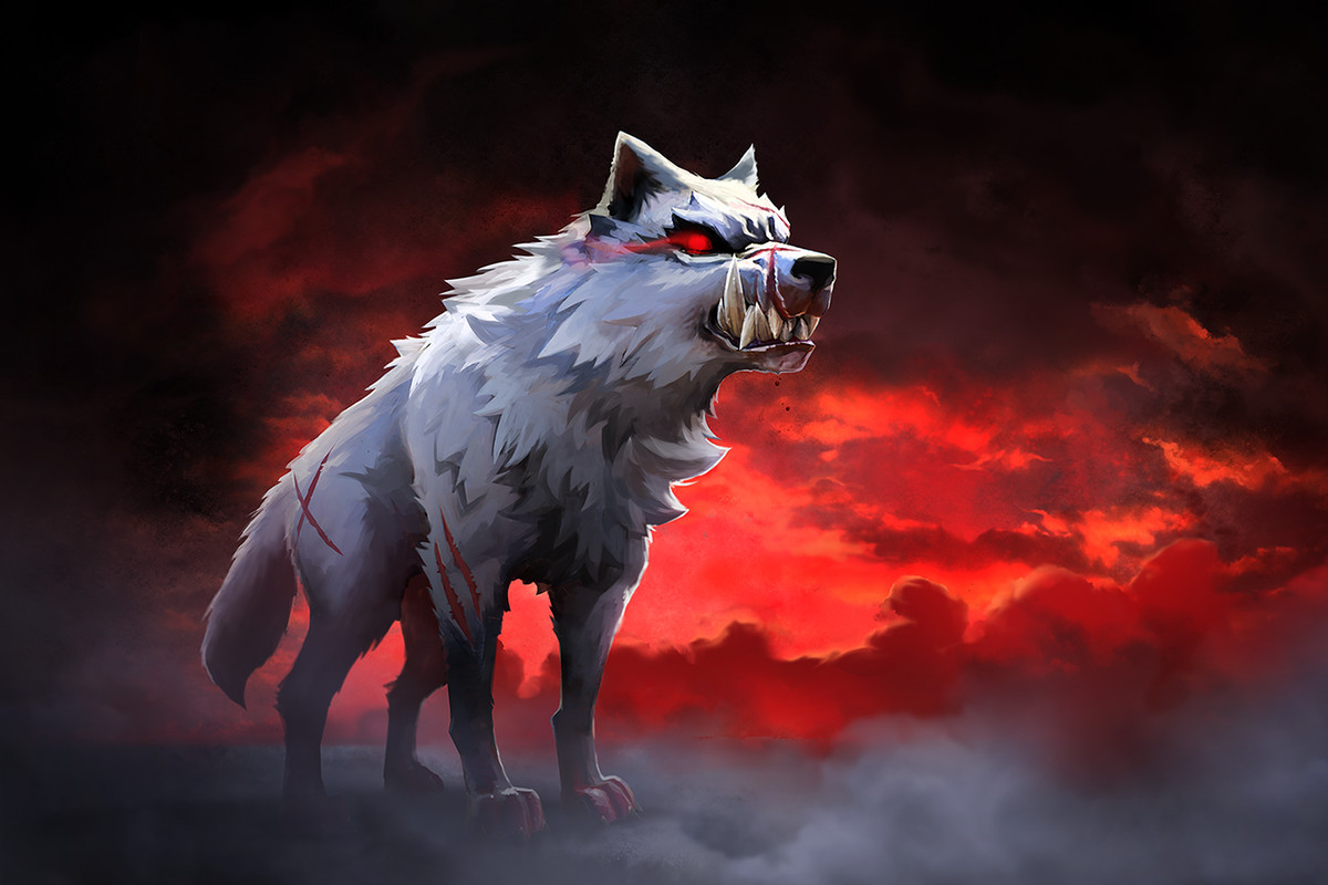 A grey wolf over a red horizon
