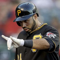 Pittsburgh Pirates' Pedro Alvarez celebrates his home run against the Los Angeles Angels during the second inning of a baseball game in Anaheim, Calif., Friday, June 21, 2013. 