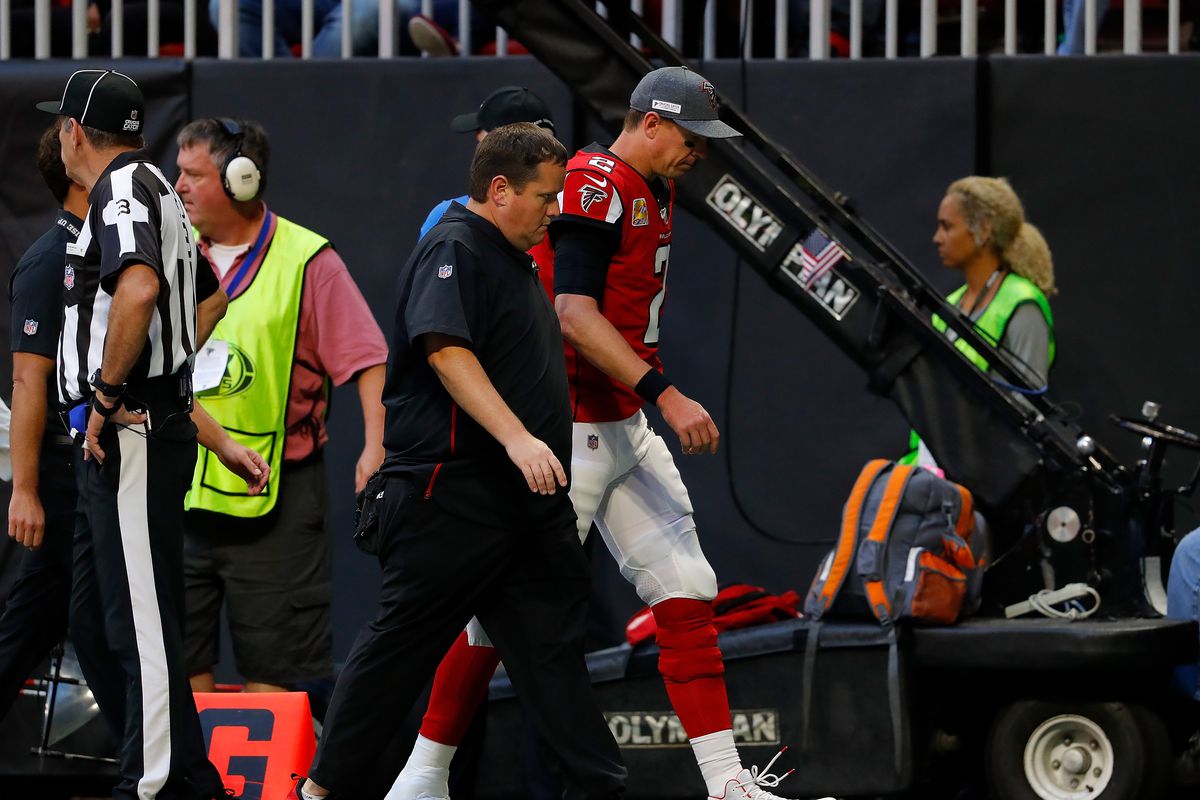 Matt Ryan of the Atlanta Falcons walks to the locker room in the second half of the game against the Los Angeles Rams at Mercedes-Benz Stadium on October 20, 2019 in Atlanta, Georgia.