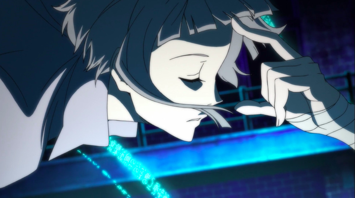 Atsushi, a boy with silver hair, levitates in the air with his eyes closed and his hair floating around his face. Someone is touching his forehead with their pointer finger, and there are streaks of magical blue light in the background.