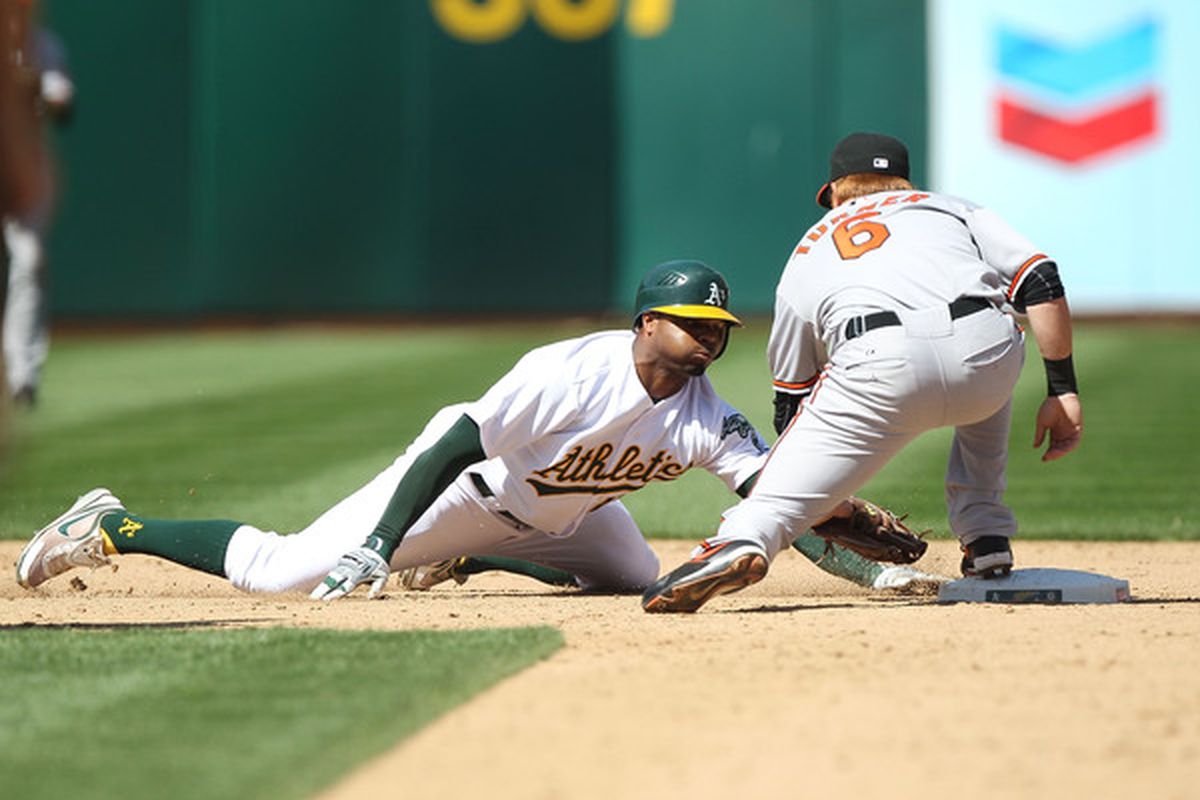 Justin Turner tags out Rajai Davis. That was dumb, Mr. Davis. (Photo by Jed Jacobsohn/Getty Images)