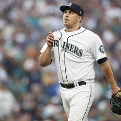 Erik Swanson #50 of the Seattle Mariners reacts during the thirteenth inning