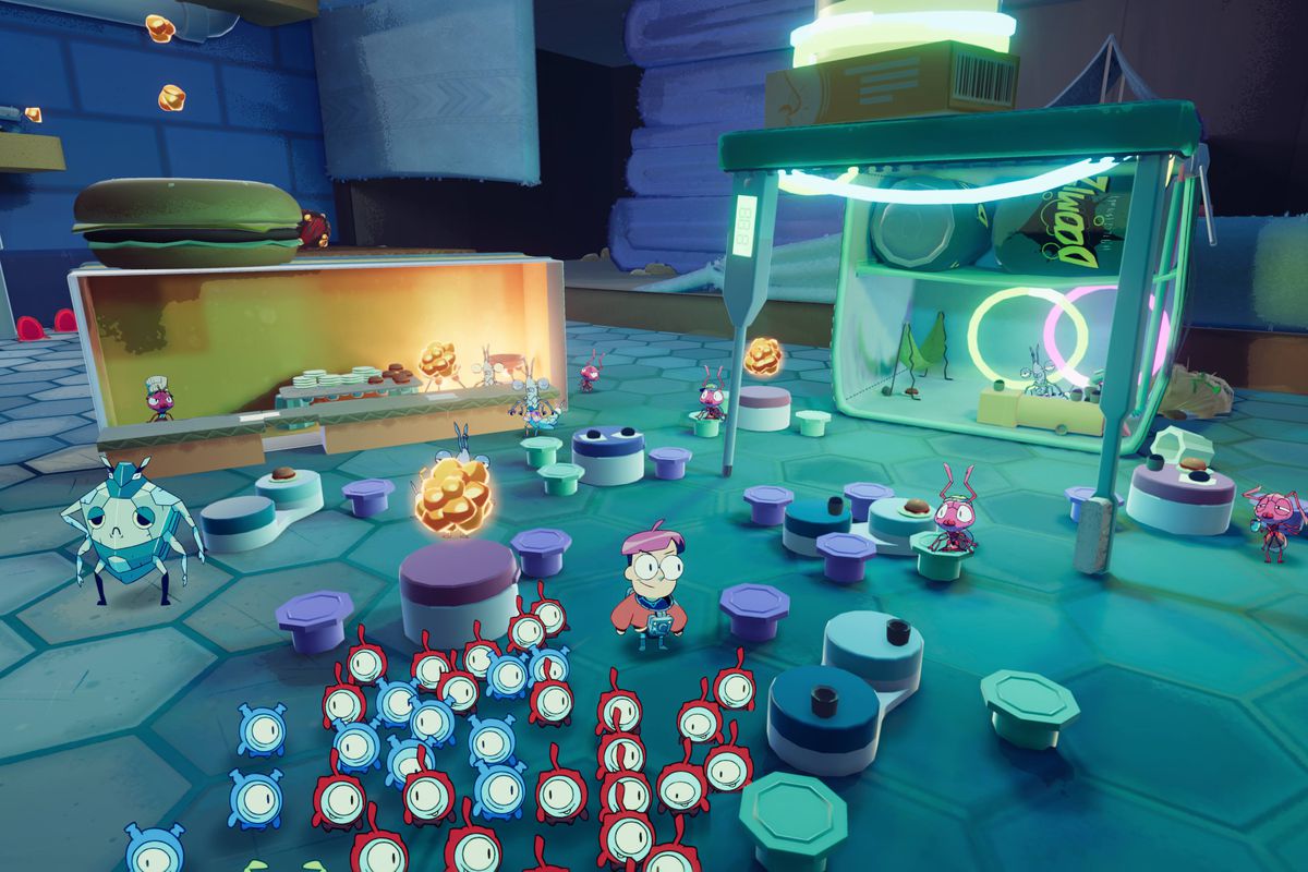 The main character of Tinykin stands in a room, surrounded by one-eyed critters