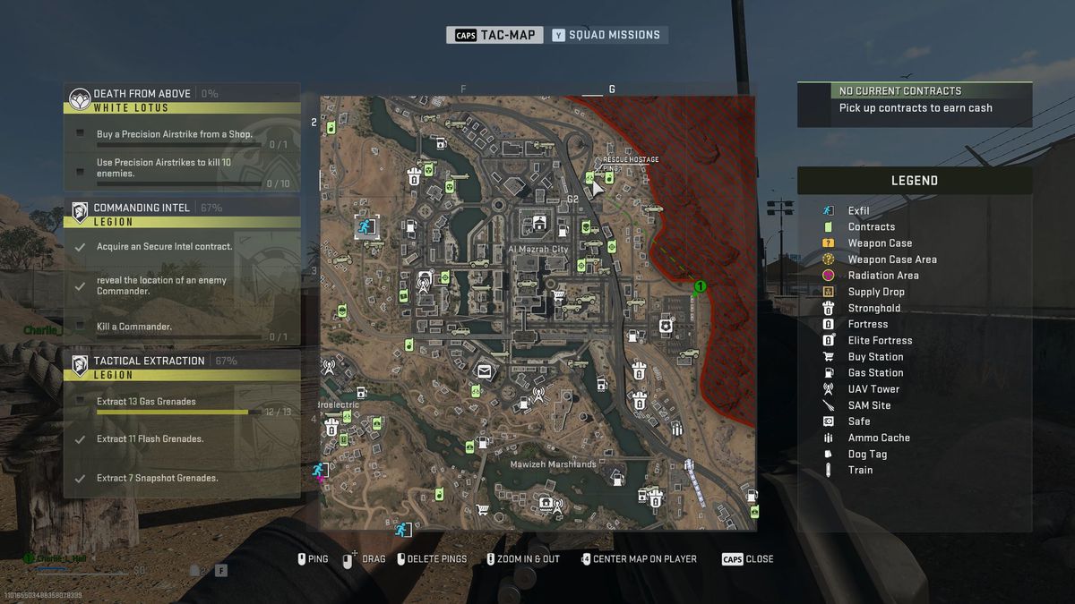 A map showing player quests on the left, the in-game environment in the center, and a legend on the right-hand side.