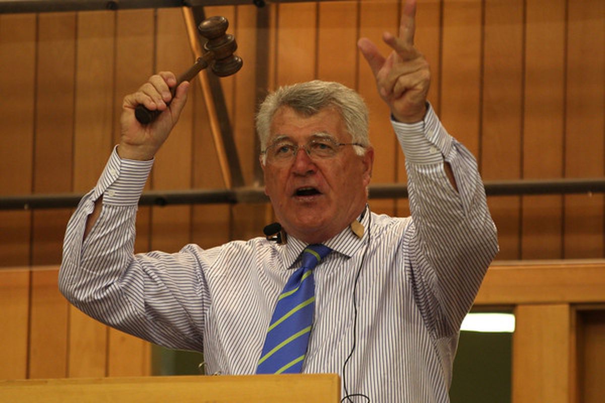 AUCKLAND NEW ZEALAND - JANUARY 31: The auctioneer brings down the hammer on a sale during the Karaka Yearling Sales on January 31 2011 in Auckland New Zealand.  (Photo by Phil Walter/Getty Images)