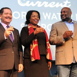 U.S. Rep. Jesus “Chuy” Garcia, from left, state Rep. Sonya Harper and Chicago Water Management Commissioner Randy Conner taste the effluent beer. | Victor Hilitski/For the Sun-Times