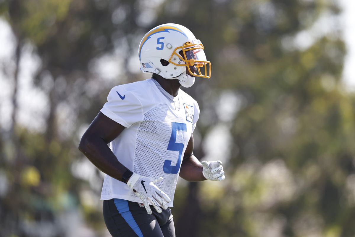 Josh Palmer #5 of the Los Angeles Chargers practices during Los Angeles Chargers Training Camp at Jack Hammett Sports Complex on July 29, 2021 in Costa Mesa, California.