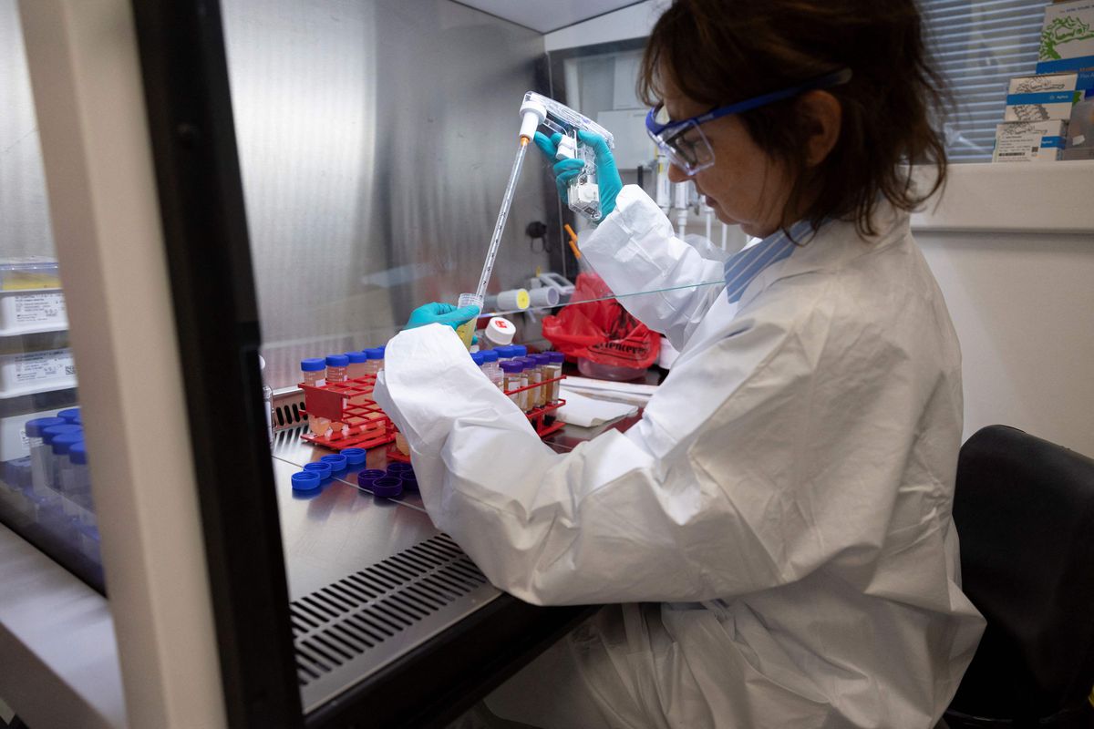 A searcher works in an oncology laboratory at the research and development site of French pharmaceutical company.
