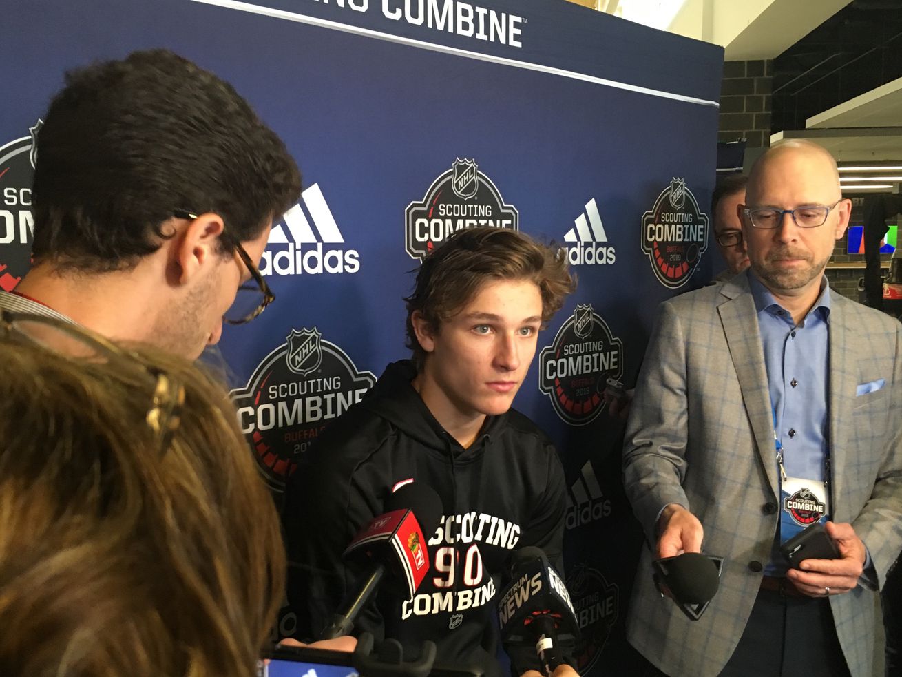 Trevor Zegras, seen here answering questions at the NHL Combine in Buffalo, is one of six possibilities for the Blackhawks’ much-anticipated selection.