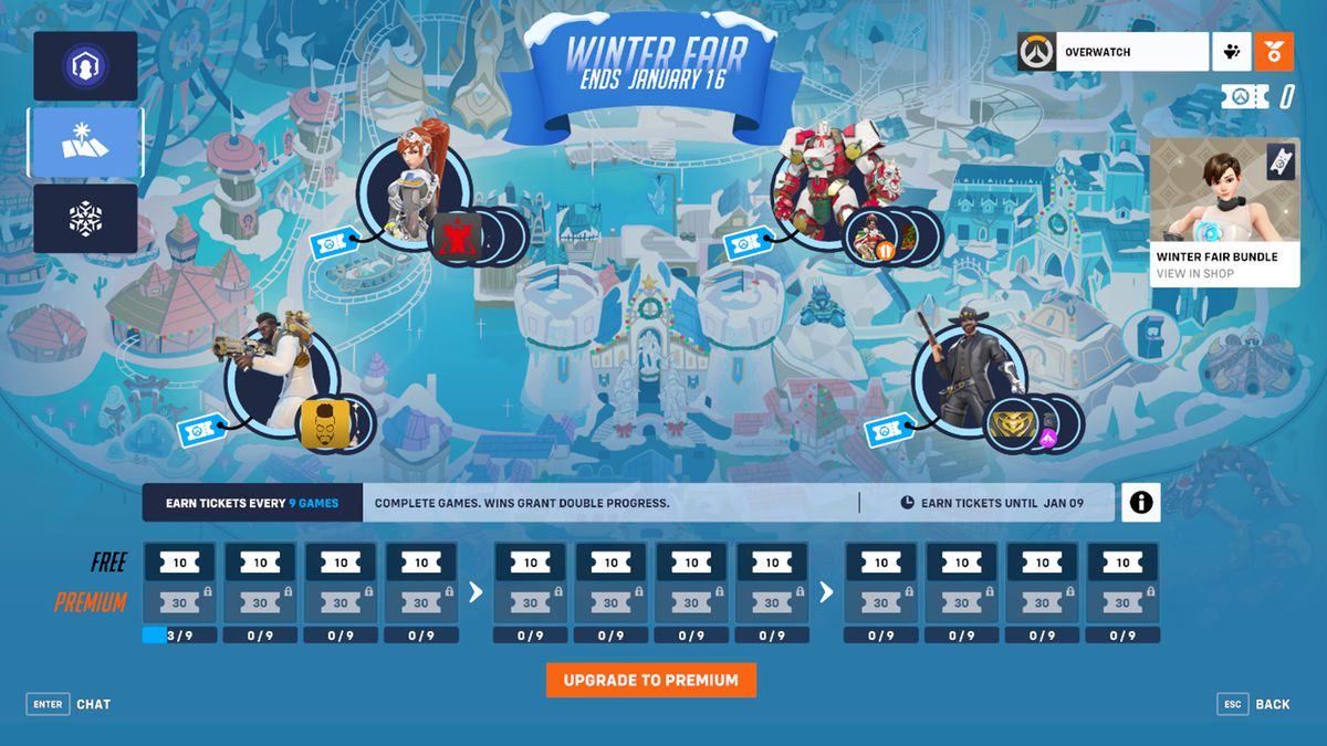 A graphic from Overwatch 2 showing the Winter Fair Event Pass , which is styled like the in-game Blizzardworld theme park map